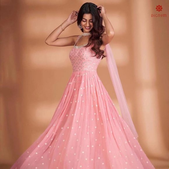 Carnation Pink Designer Partywear Heavy Embroidery Work Gown - Picture 5 of 5